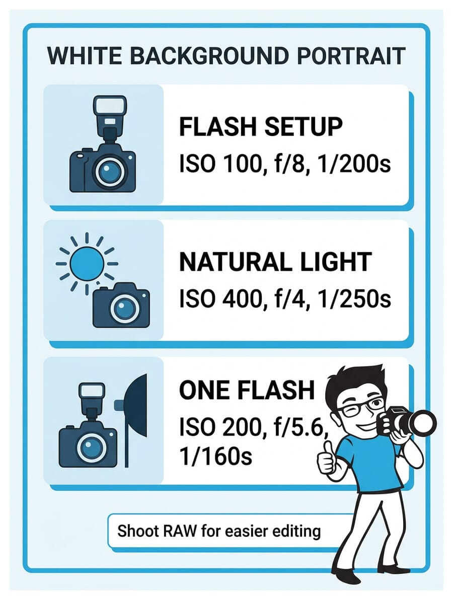 Camera settings cheat sheet for white background portraits showing flash, natural light, and one flash configurations