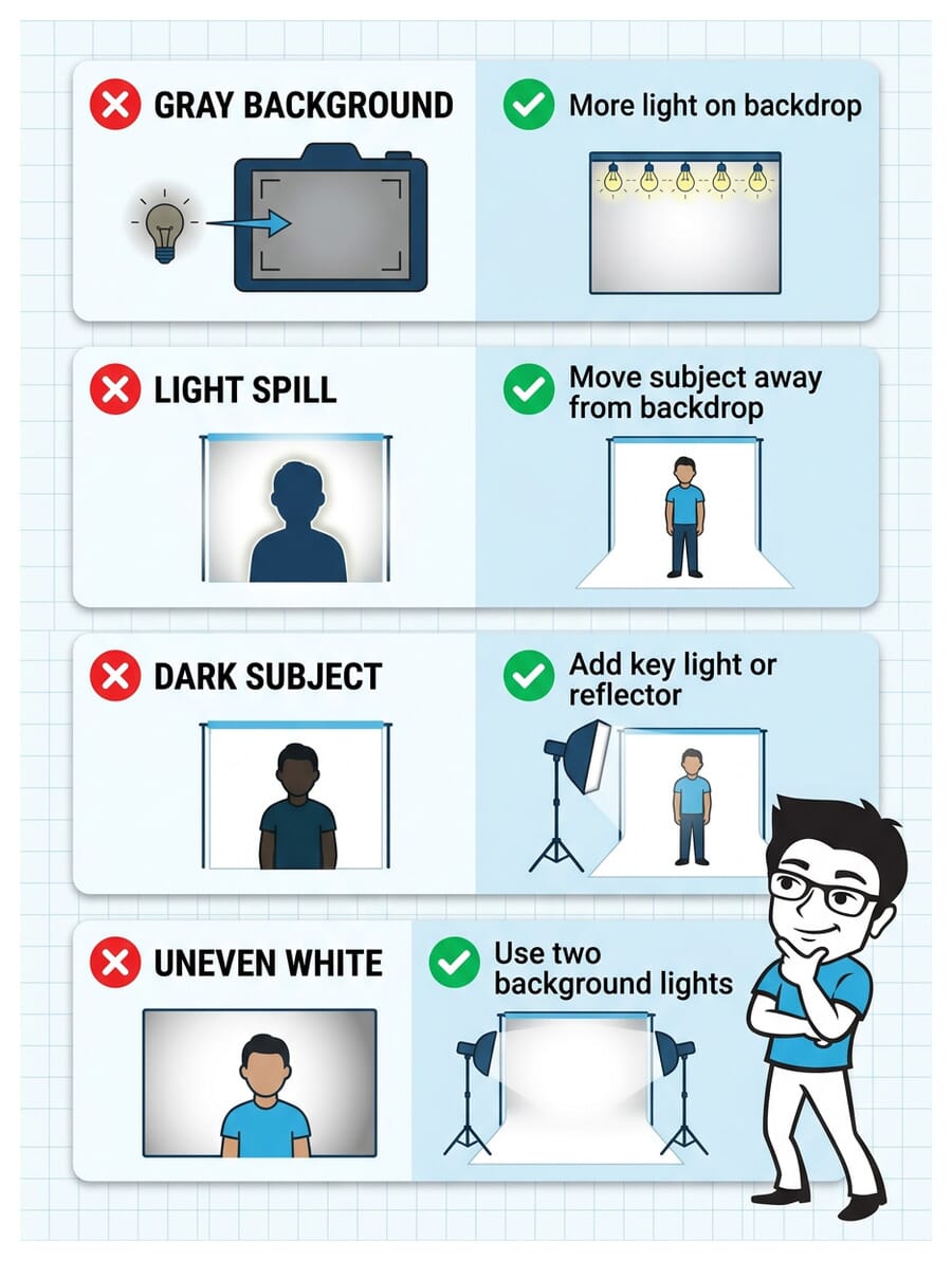 Infographic showing four common white background portrait problems and their solutions