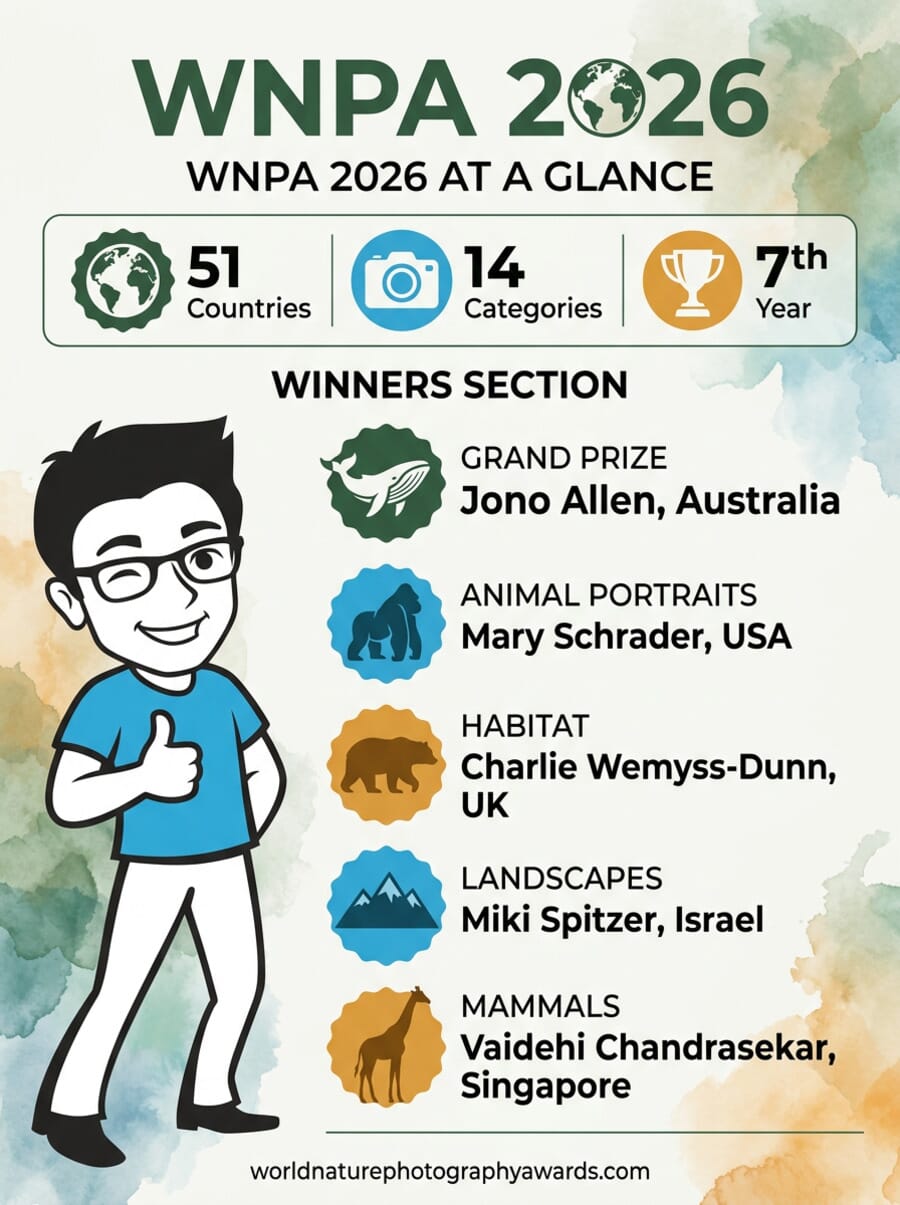 WNPA 2026 Winners At A Glance infographic showing grand prize and category winners