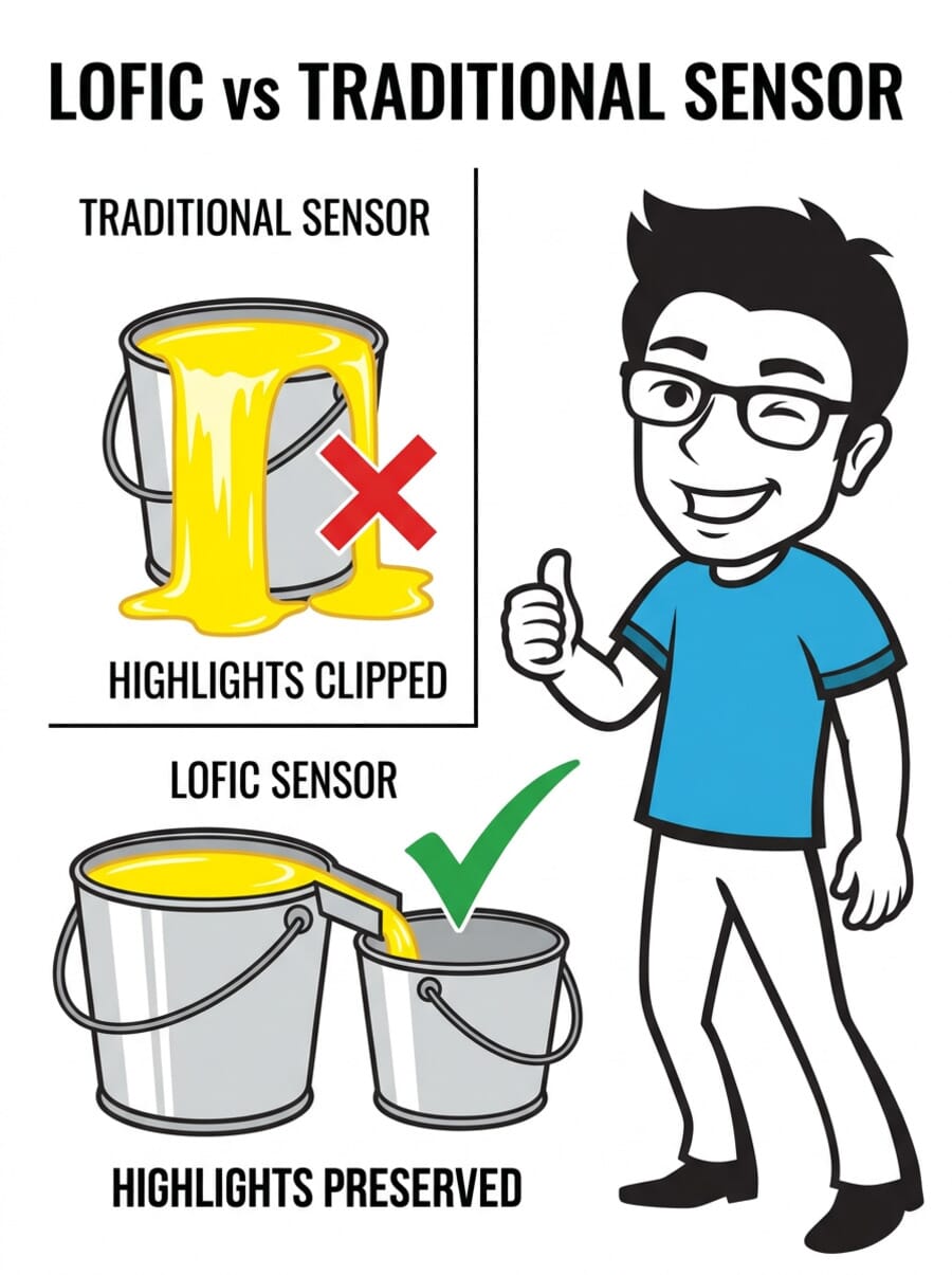 Infographic comparing LOFIC sensor technology to traditional sensors, showing how overflow capacitors preserve highlight detail