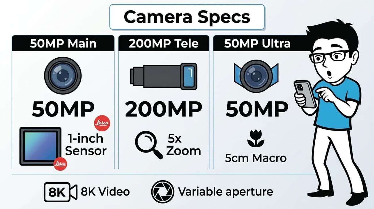 Xiaomi 17 Ultra camera specs infographic showing the triple camera system - 50MP main with 1-inch sensor, 200MP periscope telephoto, and 50MP ultrawide with macro