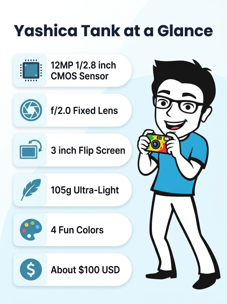 Yashica Tank specs at a glance infographic showing key specifications