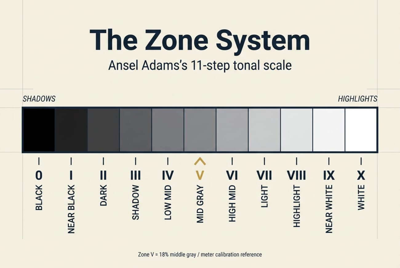 The Zone System 11-step tonal scale from Zone 0 pure black to Zone X pure white, with Zone V middle gray highlighted
