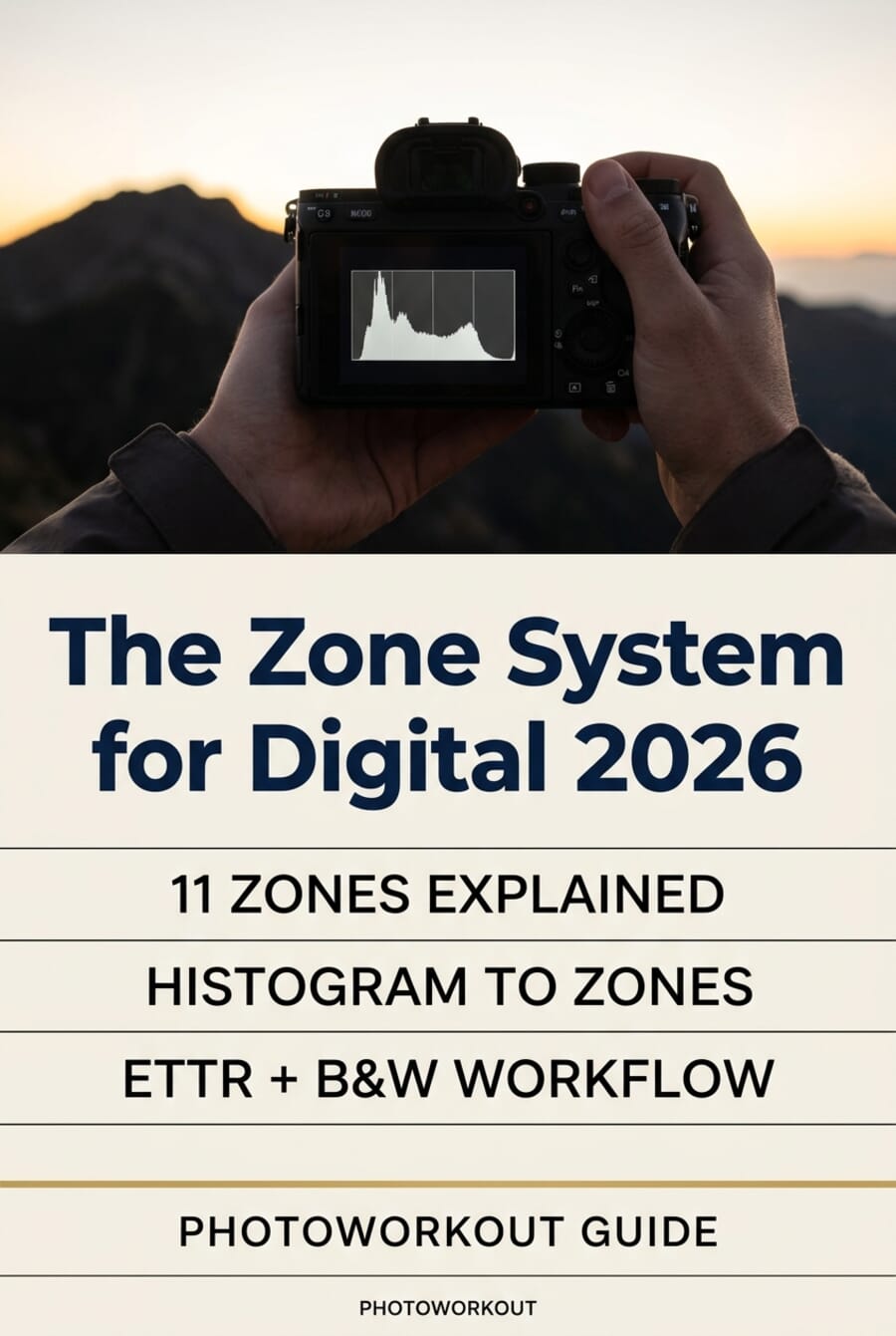 Pinterest pin: The Zone System for Digital 2026 — 11 zones, histogram mapping, ETTR + B&W workflow