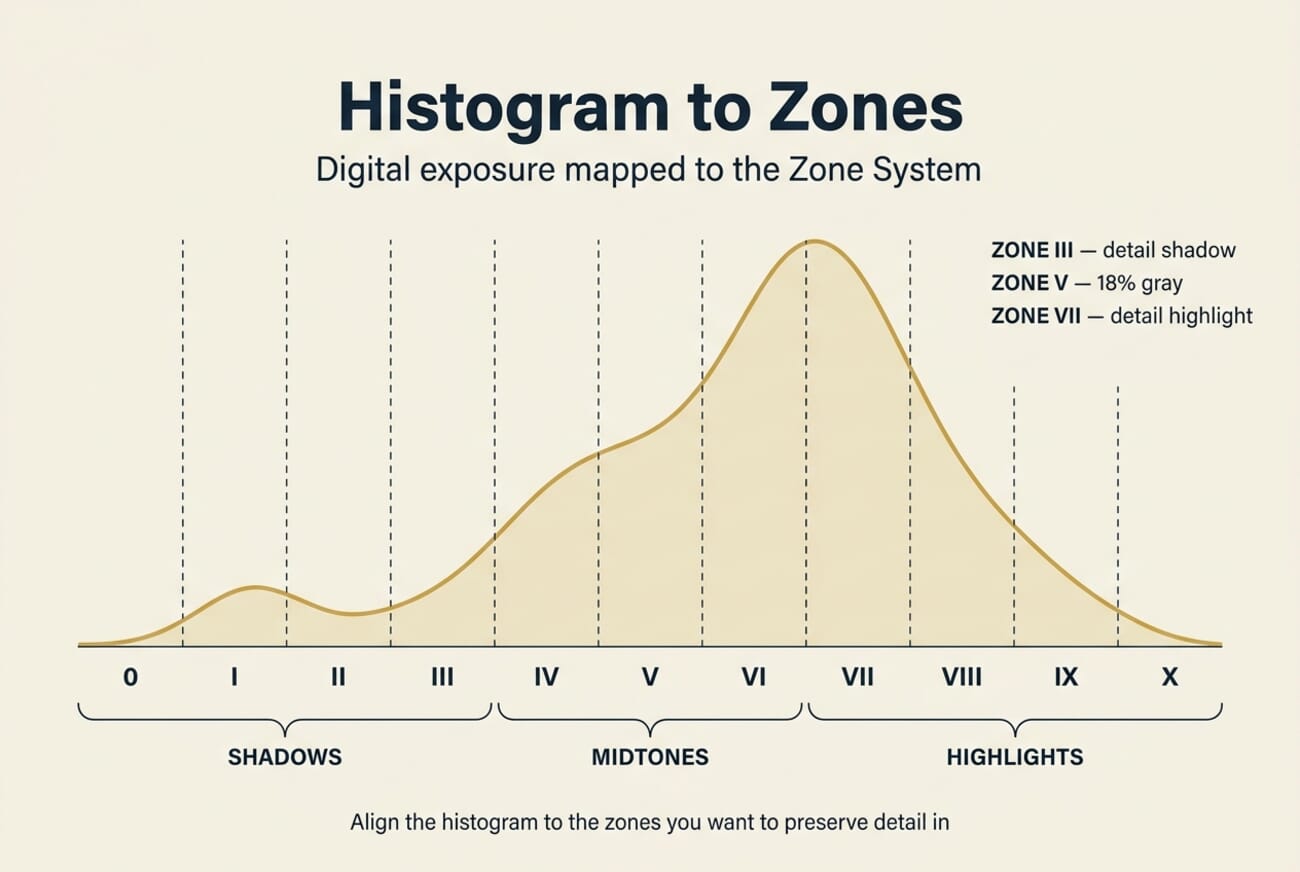 Luminance histogram with zone overlay showing how digital exposure maps to the 11 zones of the Zone System