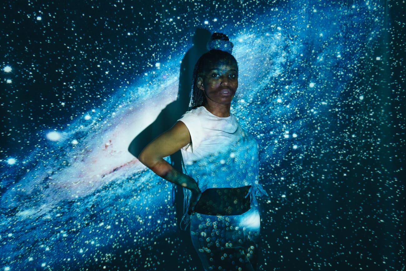 Portrait with outer space projection overlay