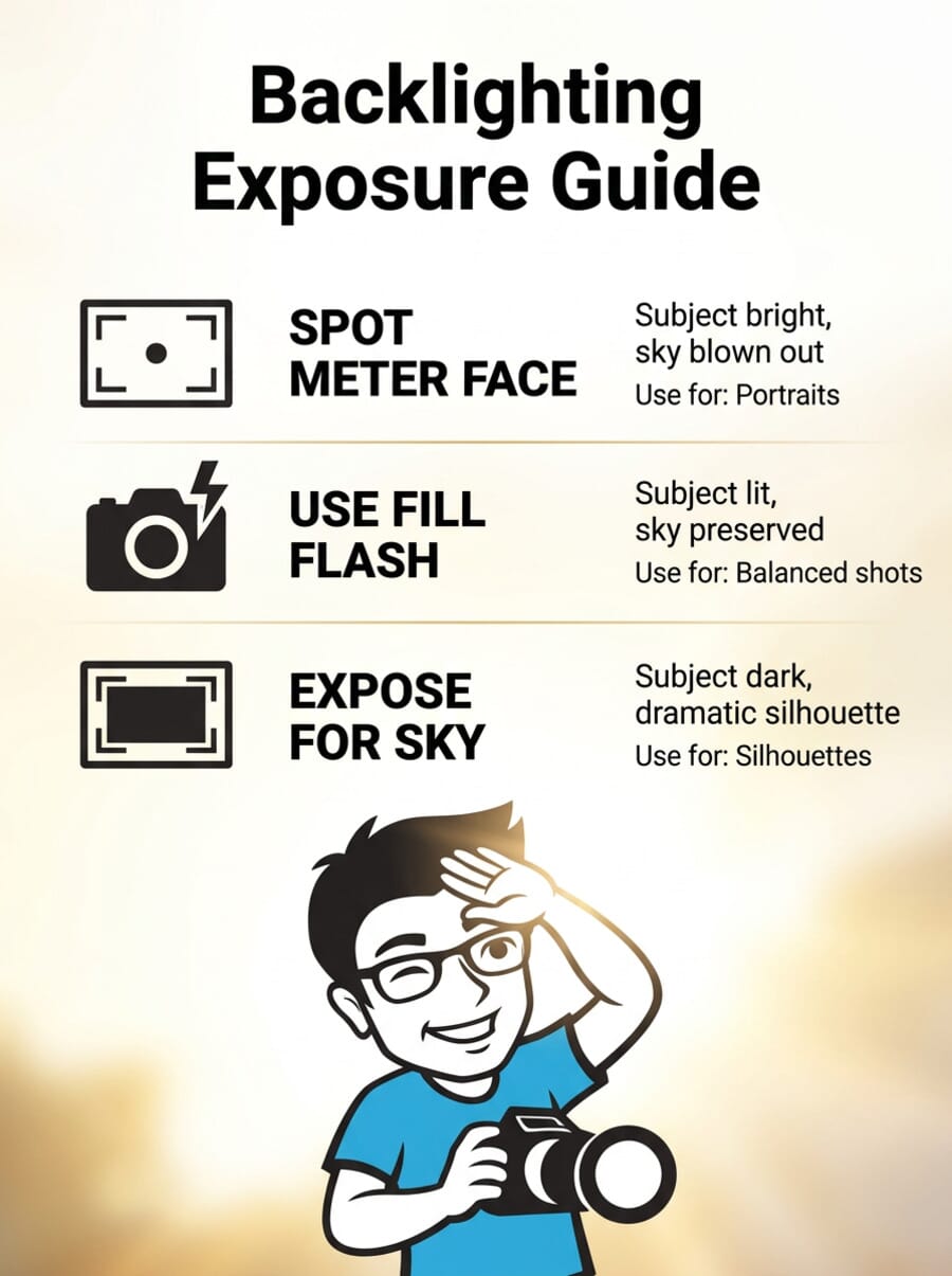 Backlighting Exposure Guide infographic showing spot metering, fill flash, and silhouette exposure strategies
