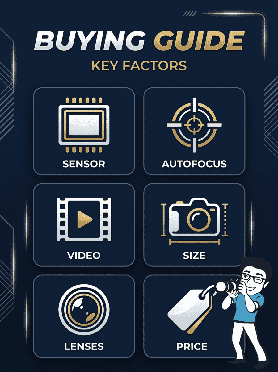 Buying guide infographic showing six key factors for choosing a beginner camera: sensor, autofocus, video, size, lenses, and price