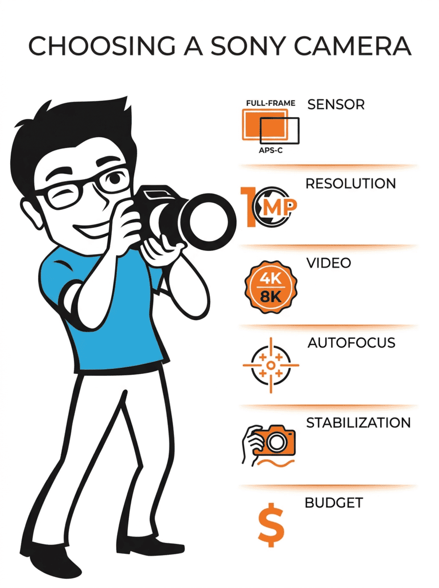 How to choose a Sony mirrorless camera - infographic showing key factors: sensor size, resolution, video, autofocus, stabilization, and budget