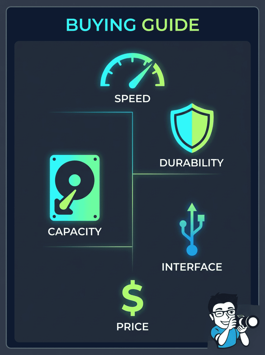 External drives buying guide infographic showing 5 key factors: speed, durability, capacity, interface, and price
