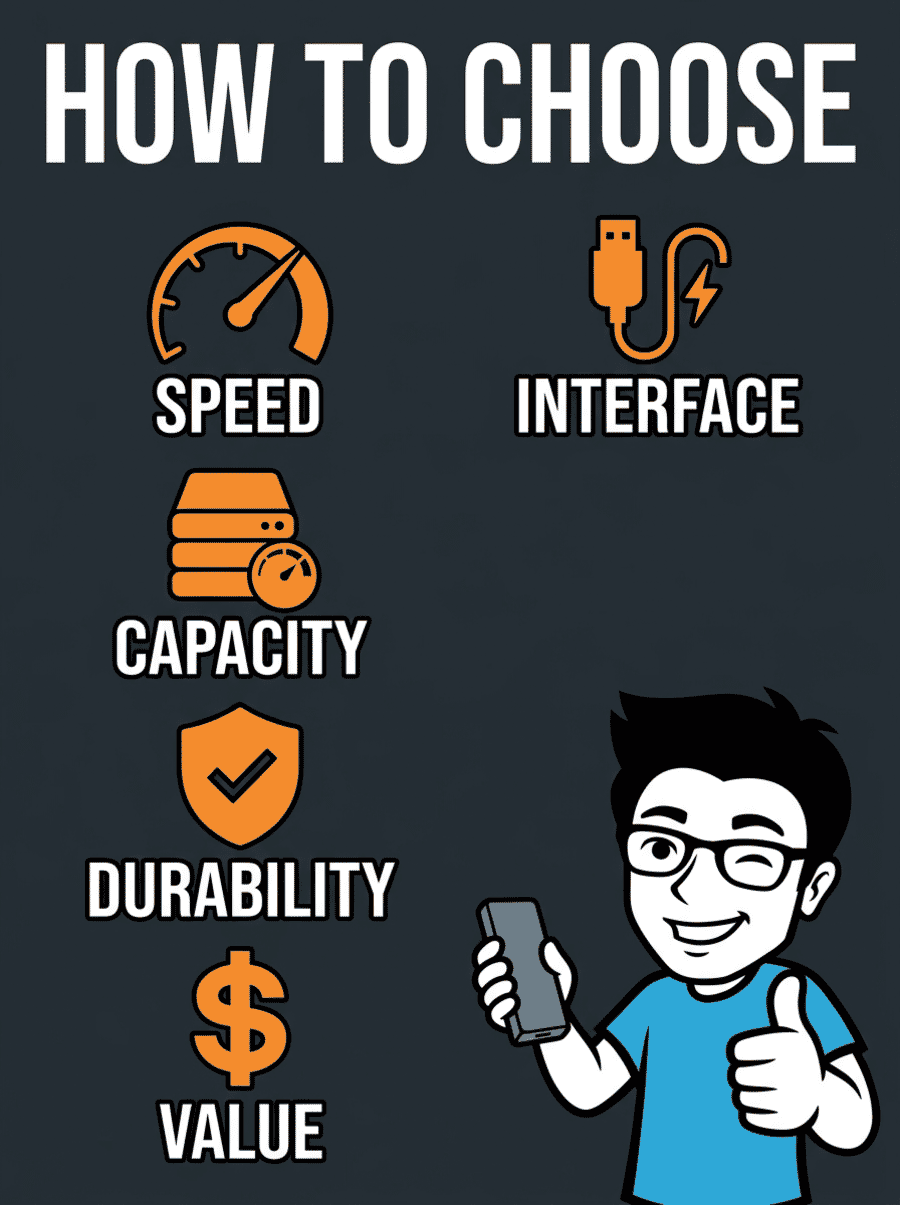 Infographic showing 5 key factors for choosing an external SSD for video editing: speed, interface, capacity, durability, and value
