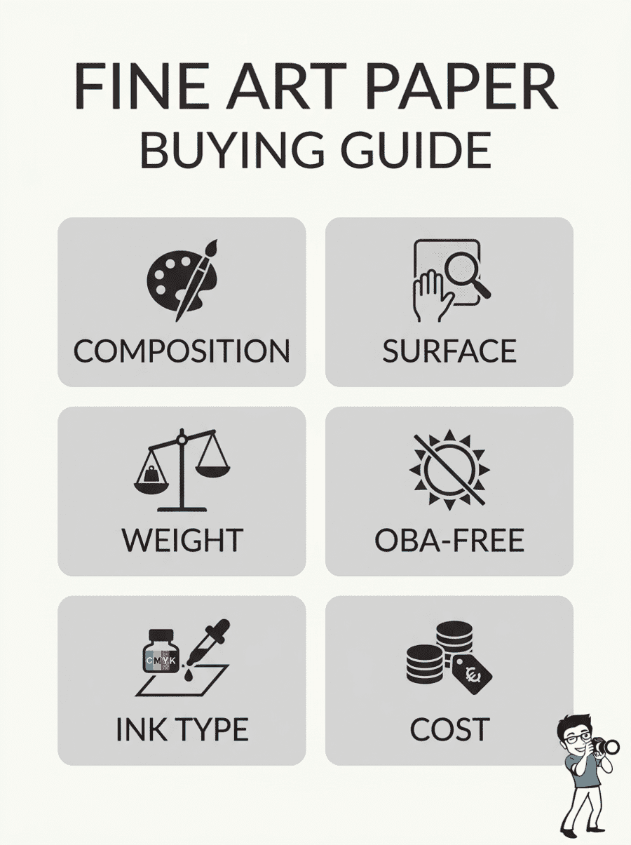 Infographic showing 6 key factors for choosing fine art inkjet paper: composition, surface, weight, OBA-free, ink type, and cost