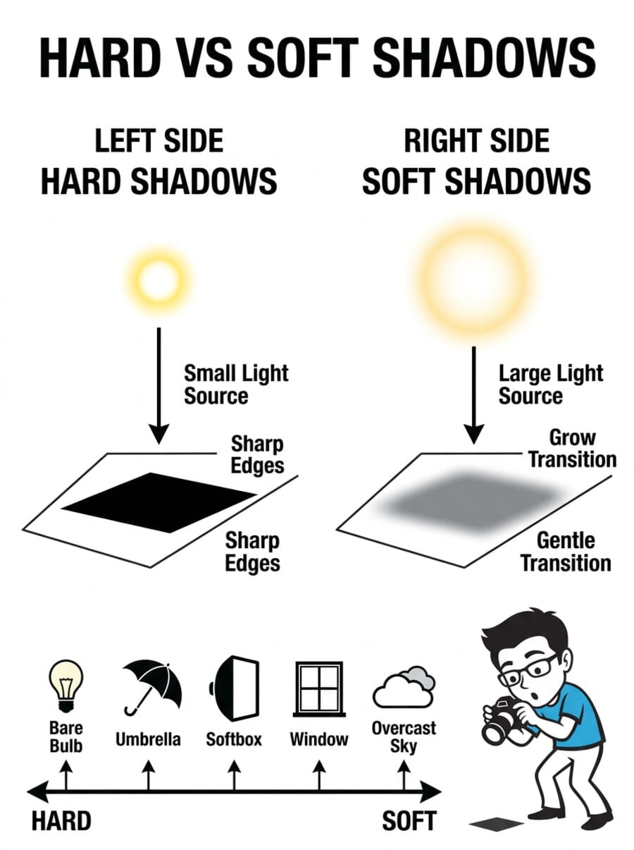 Hard vs Soft Shadow Comparison infographic showing light source size versus shadow quality