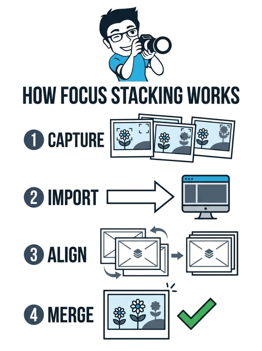 Infographic showing the four steps of focus stacking: capture, import, align, and merge