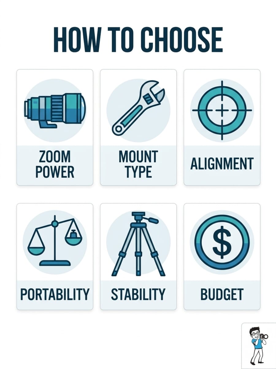 How to choose an iPhone telephoto lens - key factors: zoom power, mount type, alignment, portability, stability, and budget