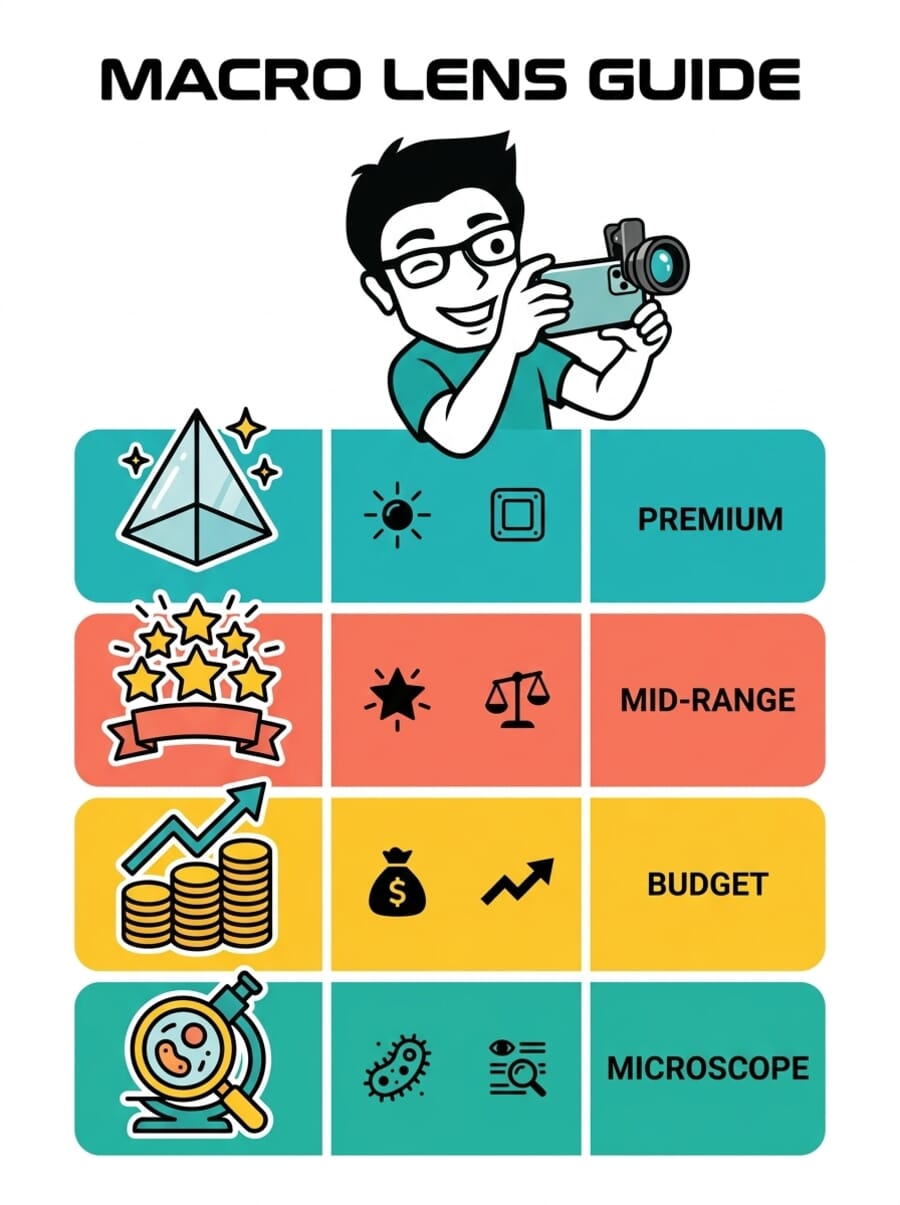iPhone macro lens buying guide infographic showing four tiers: premium, mid-range, budget, and microscope options