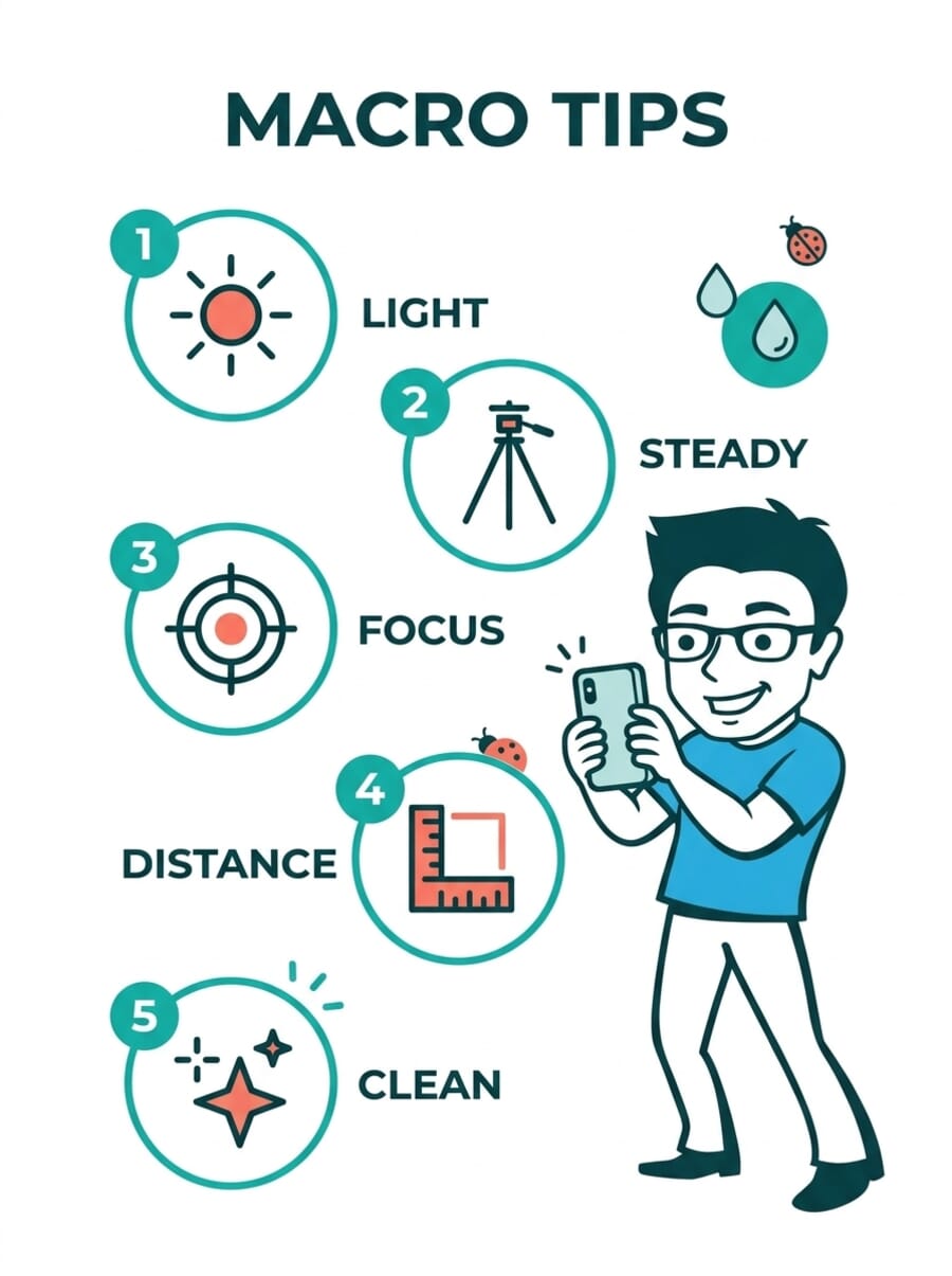 Infographic showing 5 tips for better iPhone macro photography: light, steady, focus, distance, and clean lens