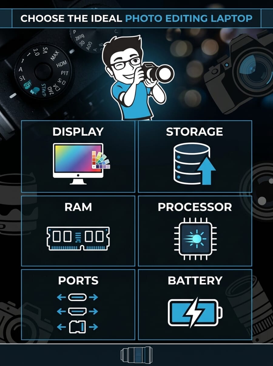 Infographic showing 6 key factors for choosing a photo editing laptop: Display, Storage, RAM, Processor, Ports, and Battery