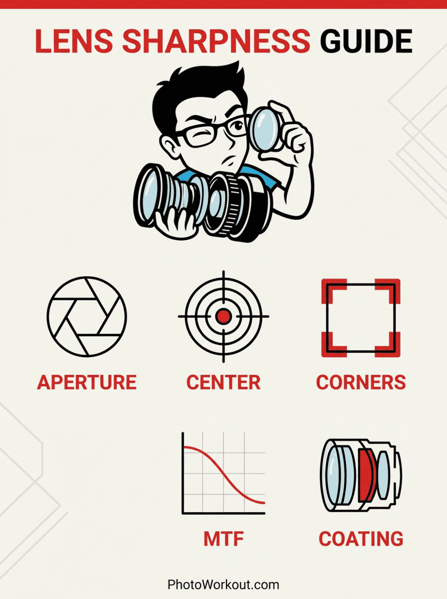 Lens Sharpness Guide infographic showing key factors: aperture sweet spot, center and corner sharpness, MTF chart performance, and optical coatings