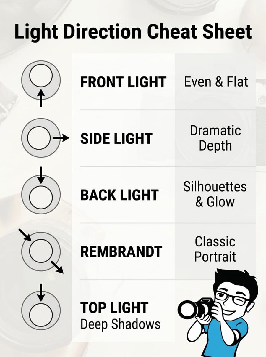 Light Direction Cheat Sheet infographic showing 5 lighting directions with diagrams and effects