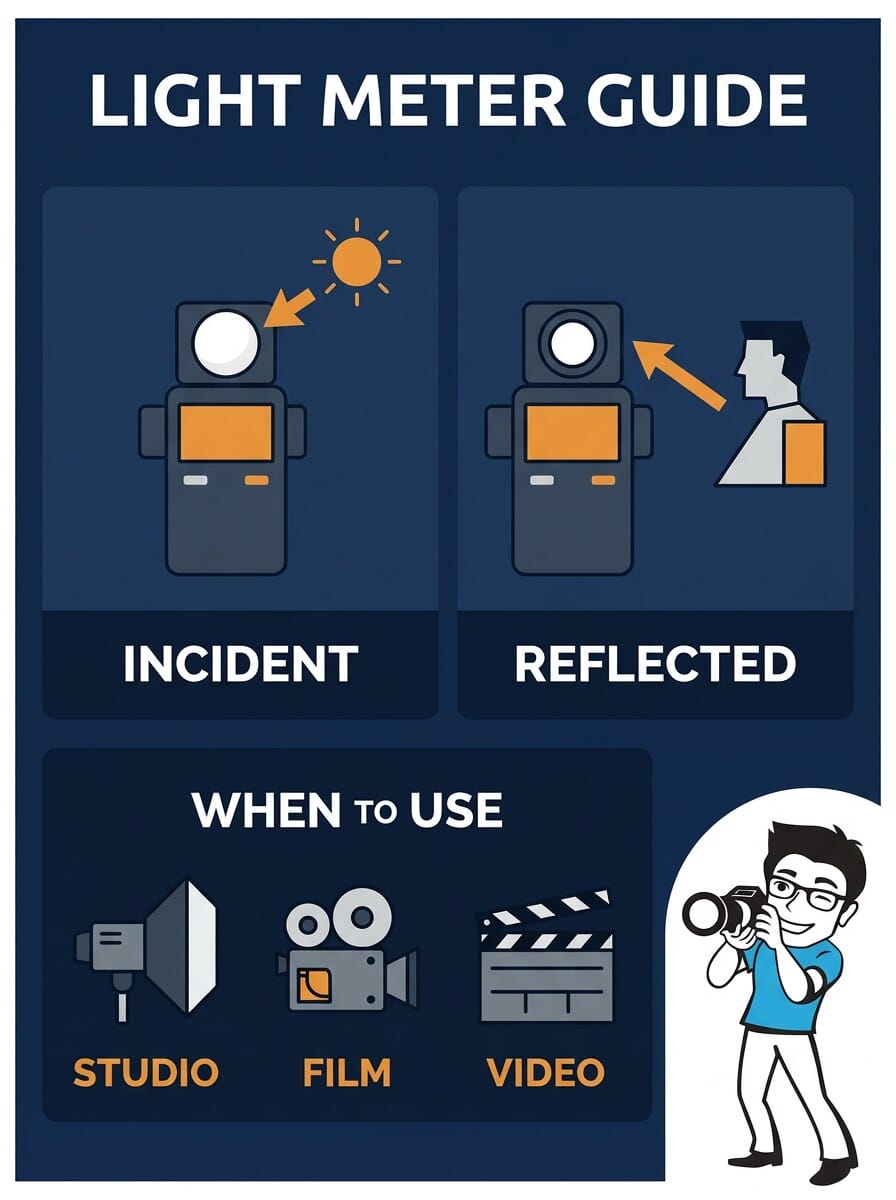 Light meter guide infographic showing incident vs reflected metering types and when to use external meters for studio, film, and video photography