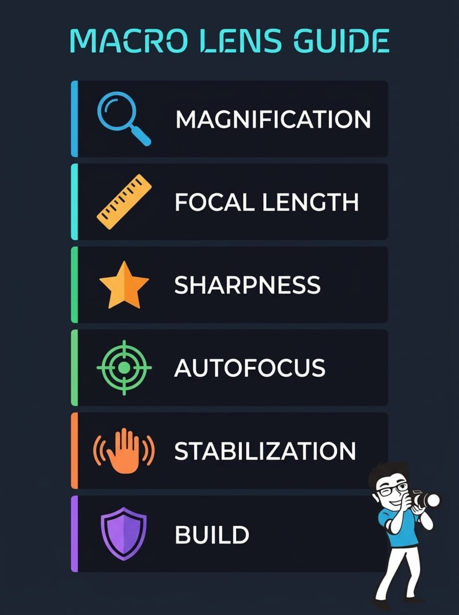Macro lens buying guide infographic showing 6 key factors: magnification, focal length, sharpness, autofocus, stabilization, and build quality