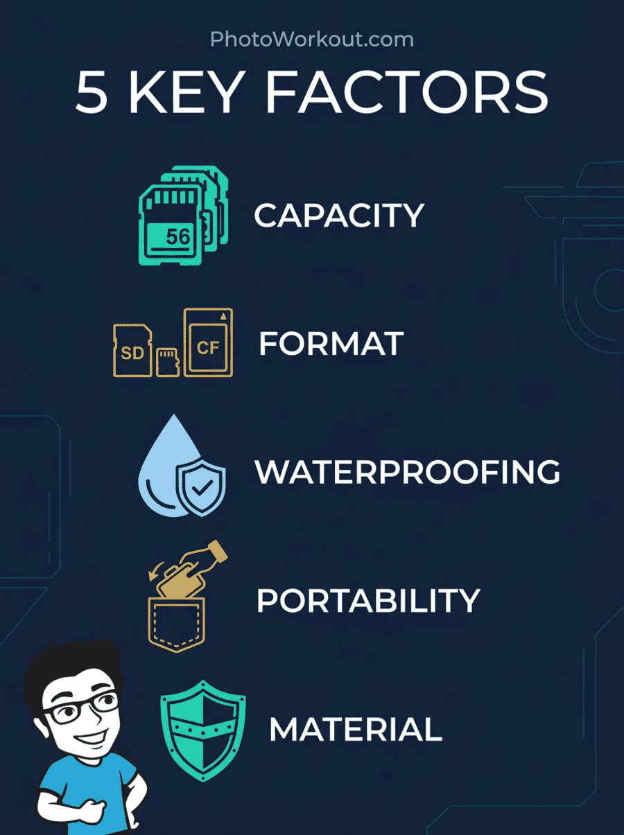 Infographic showing 5 key factors for choosing a memory card case: capacity, format, waterproofing, portability, and material