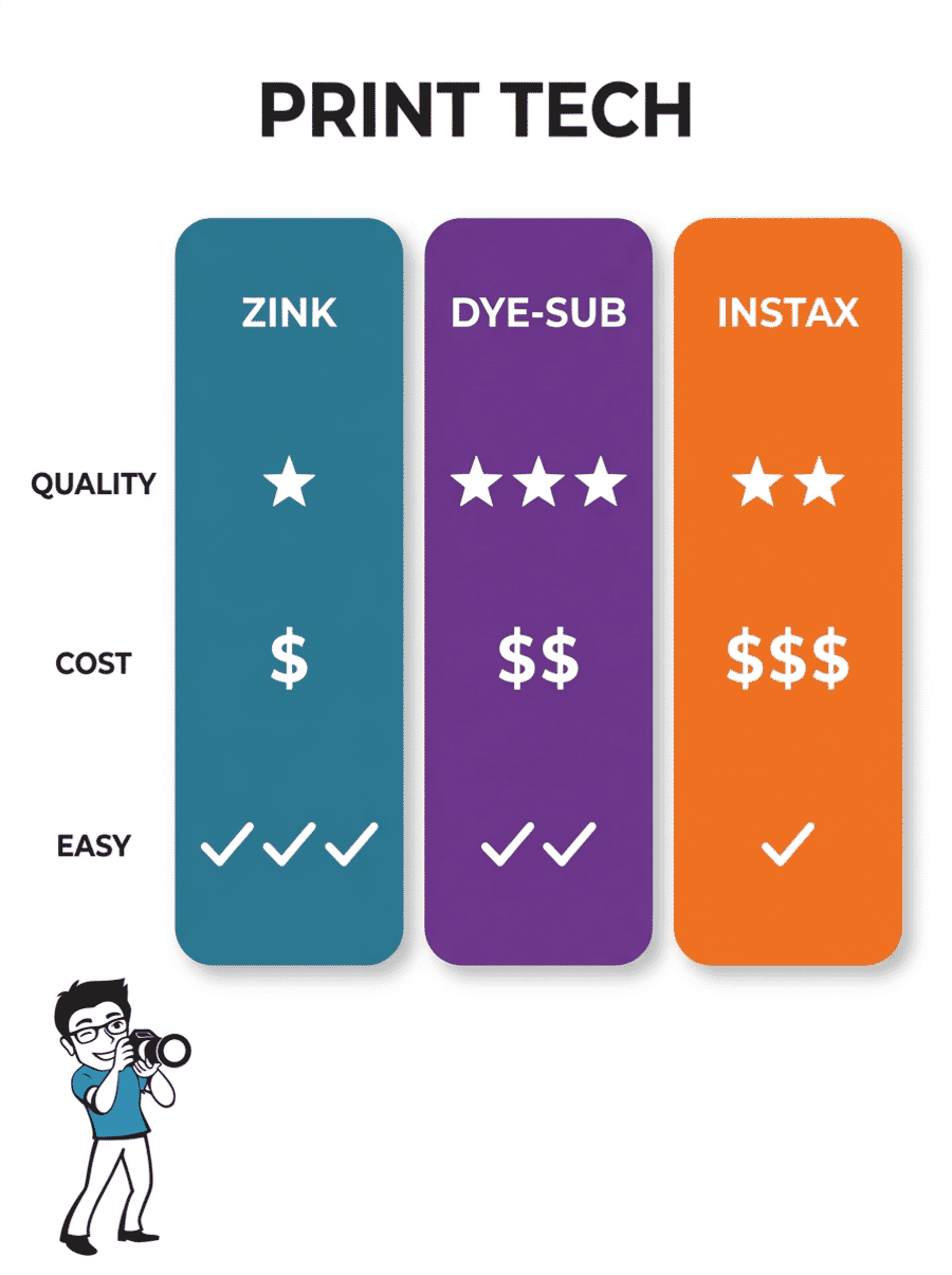 Comparison of ZINK, dye-sublimation, and Instax film printing technologies for pocket-sized photo printers
