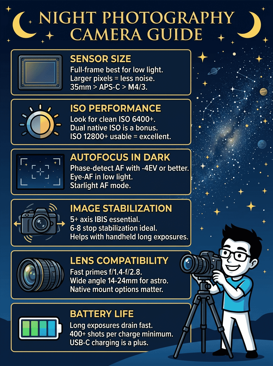 Night Camera Guide infographic showing 6 key factors: Sensor, ISO, Autofocus, IBIS, Lens, and Power