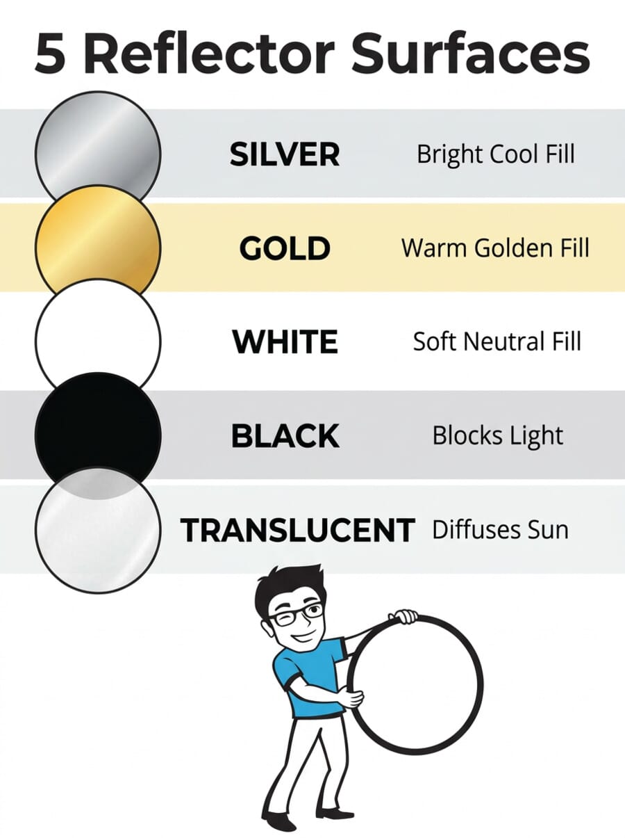5 Reflector Surfaces Guide infographic showing silver, gold, white, black, and translucent reflectors with use cases