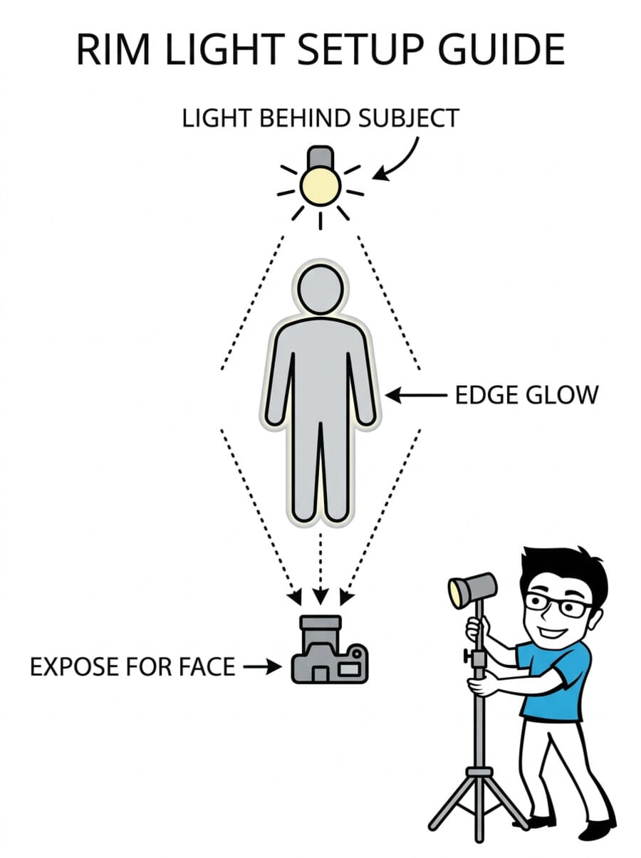 Rim Light Setup Guide infographic showing camera, subject, and light positioning