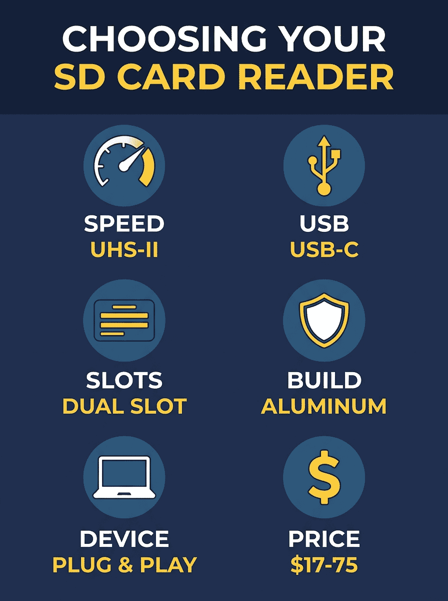 How to choose a USB-C UHS-II SD card reader - key factors including speed, USB-C interface, slot configuration, build quality, device compatibility, and price tiers