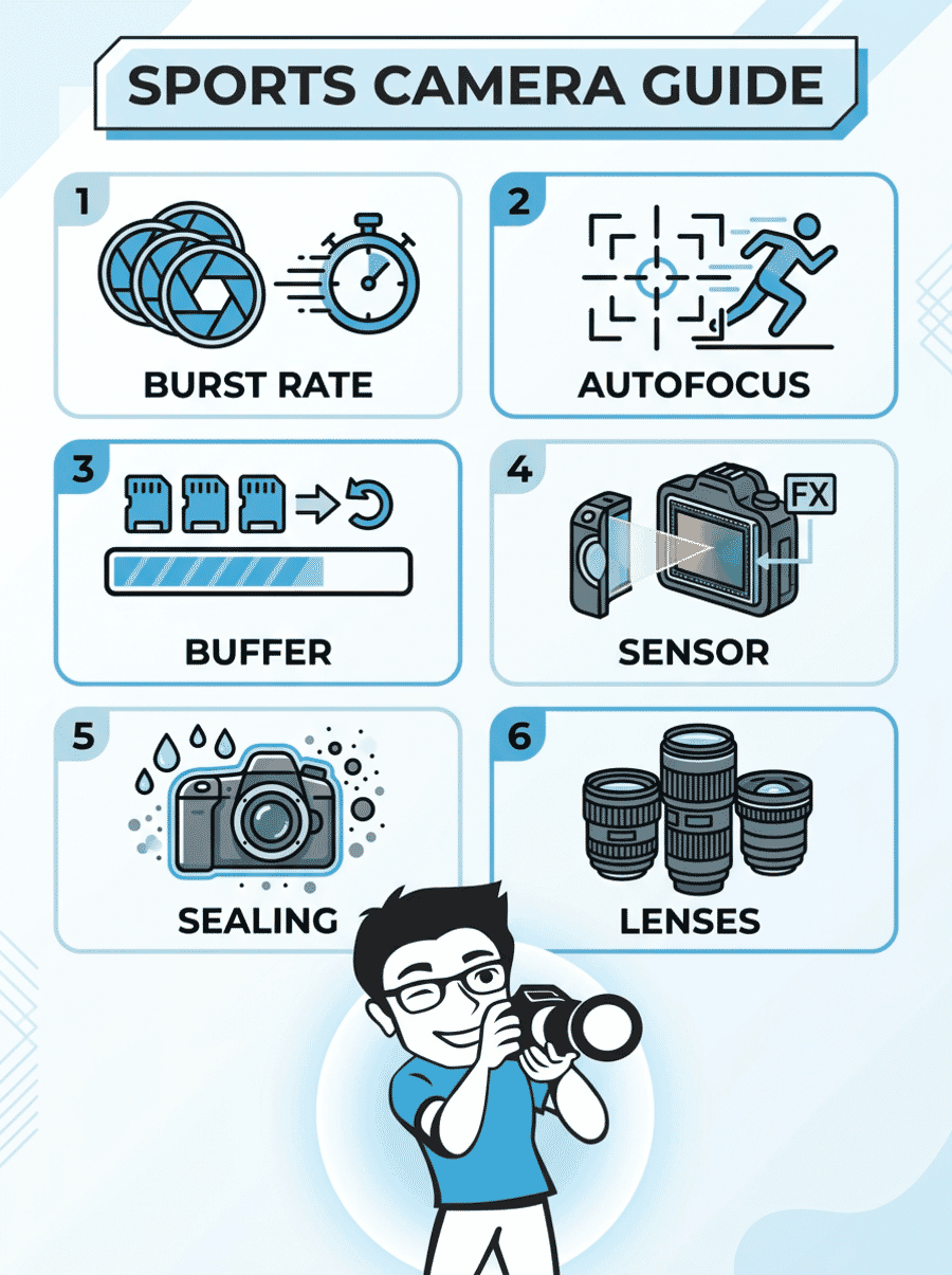 Sports camera buying guide infographic showing the six key factors: burst rate, autofocus, buffer depth, sensor size, weather sealing, and lens ecosystem.