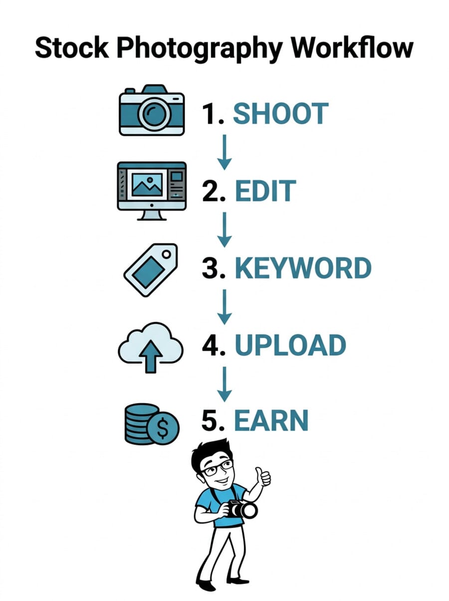 Stock photography workflow infographic showing five steps: shoot, edit, keyword, upload, earn