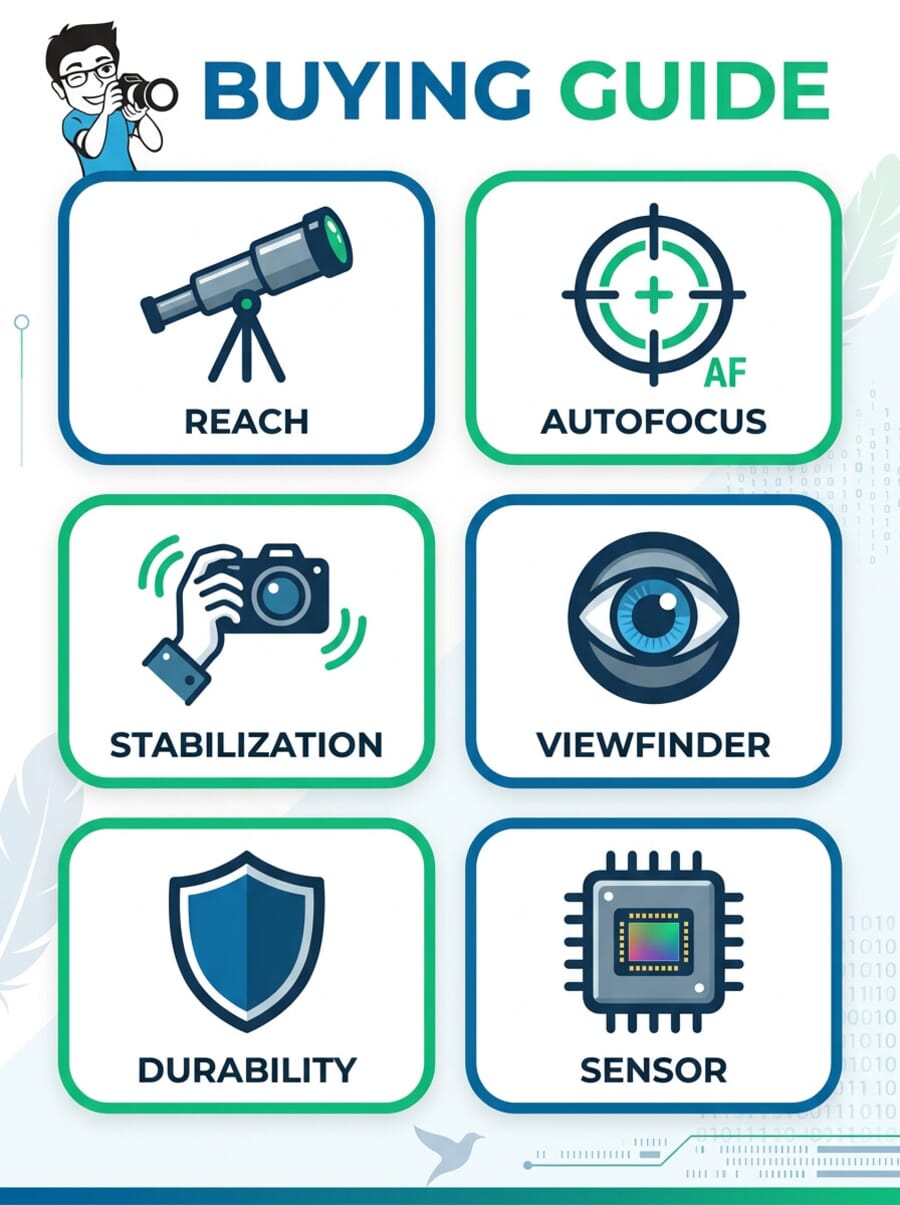 Superzoom birding camera buying guide infographic showing 6 key factors: reach, autofocus, stabilization, viewfinder, durability, and sensor