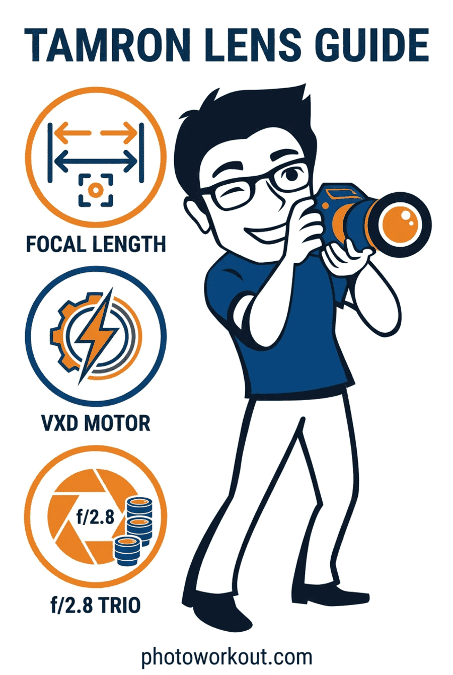 Tamron lens guide infographic showing focal length ranges, VXD motor technology, and f/2.8 trilogy for Sony E-mount