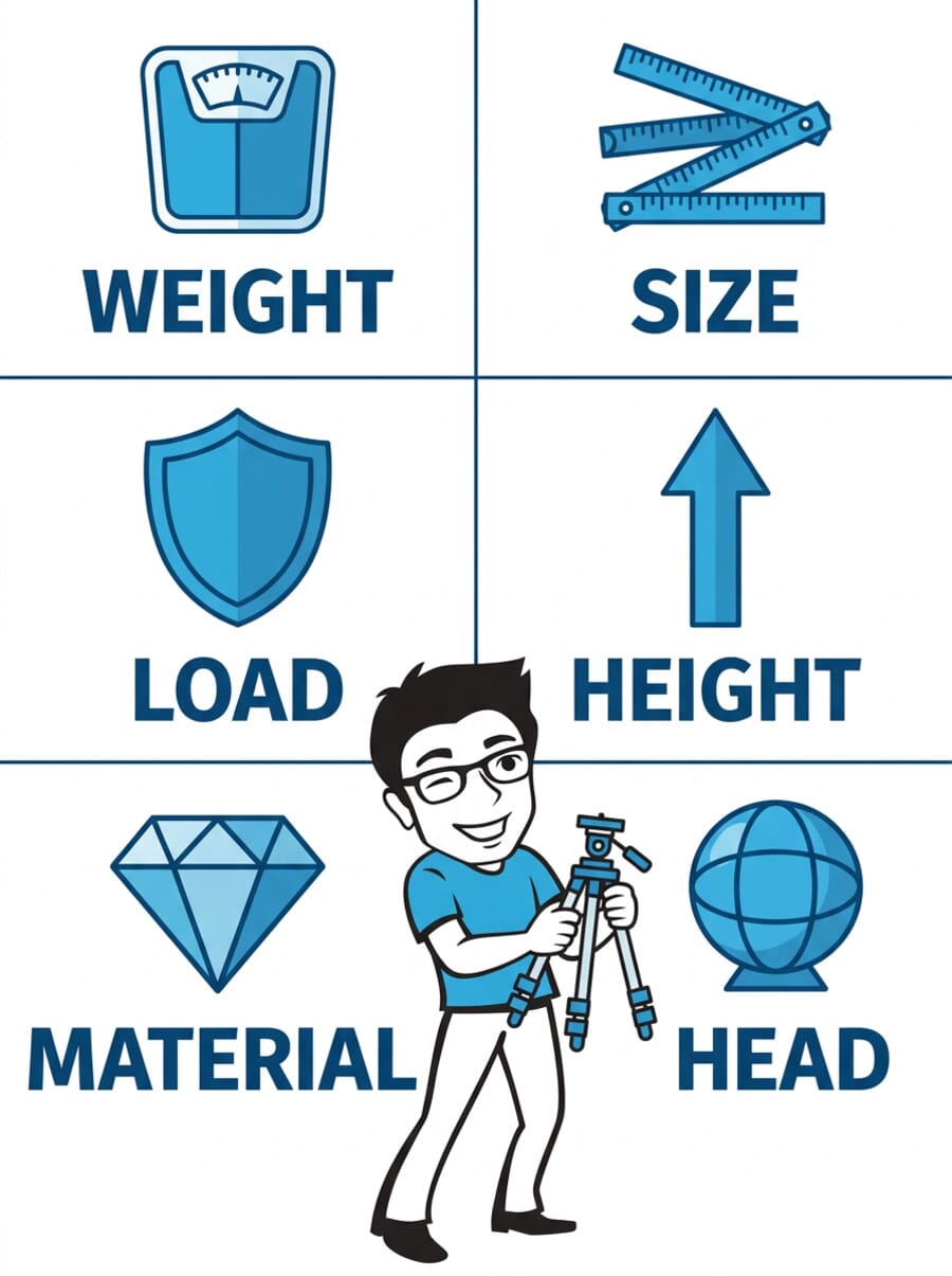 Travel tripod buying guide infographic showing 6 key factors: weight, folded size, load capacity, height, material, and ball head type