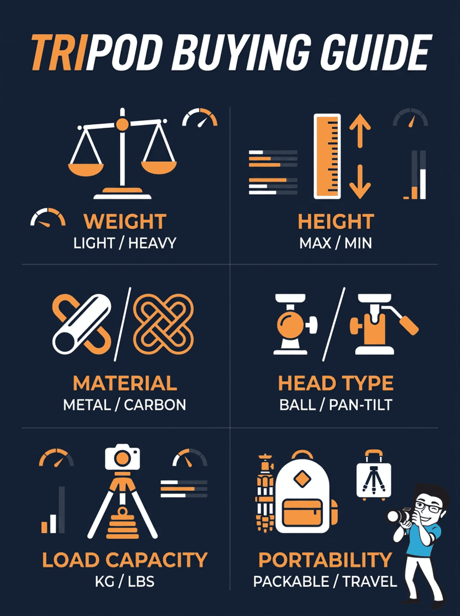 Tripod buying guide infographic showing six key factors: weight, height, material, head type, load capacity, and portability