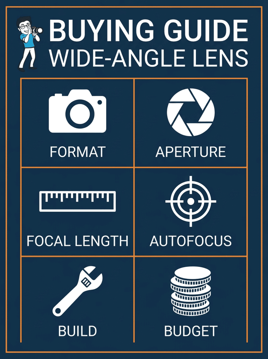Wide-angle lens buying guide infographic showing six key factors: format, aperture, focal length, autofocus, build, and budget