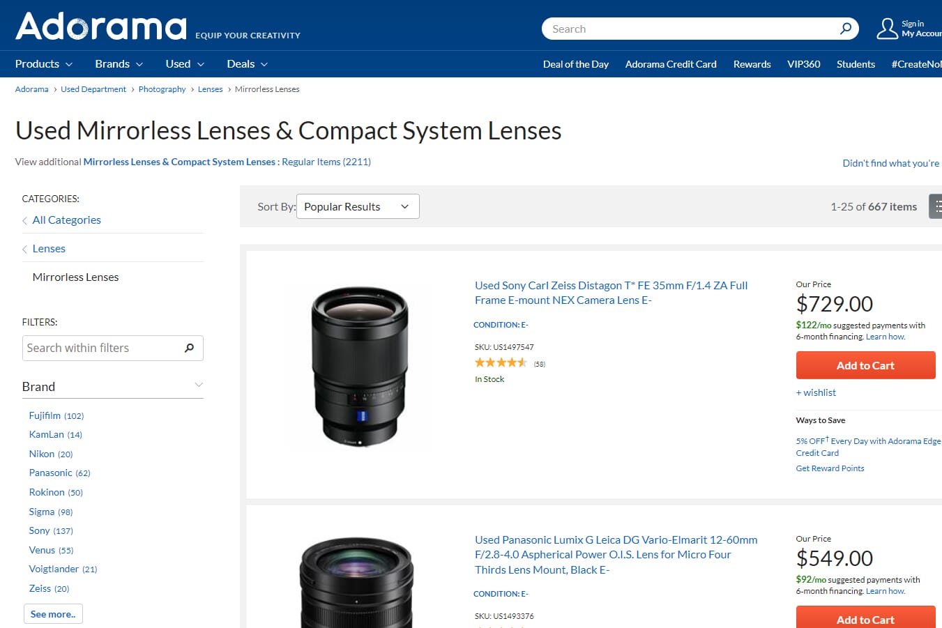 Adorama used lens product page