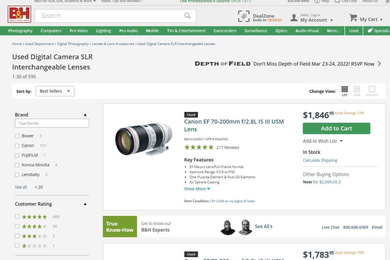 B&H Photo Video used lens search