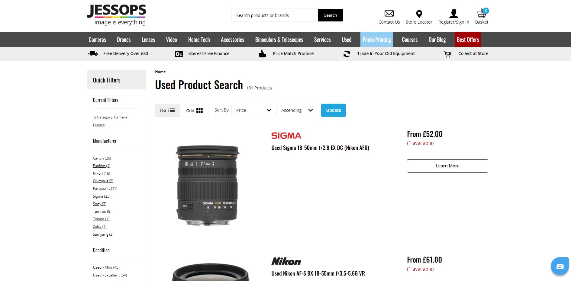Jessops used camera lens search page