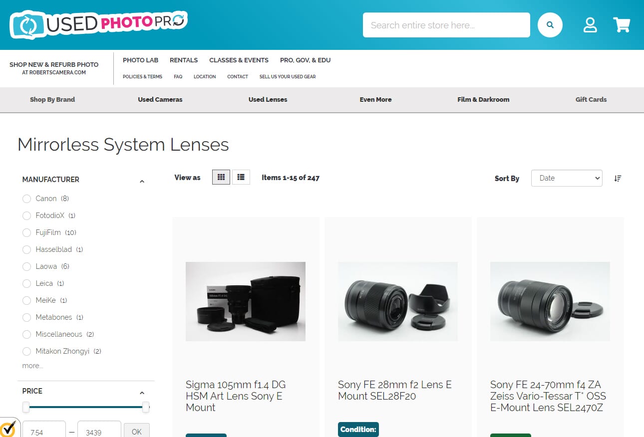 Used Photo Pro lens selection on website