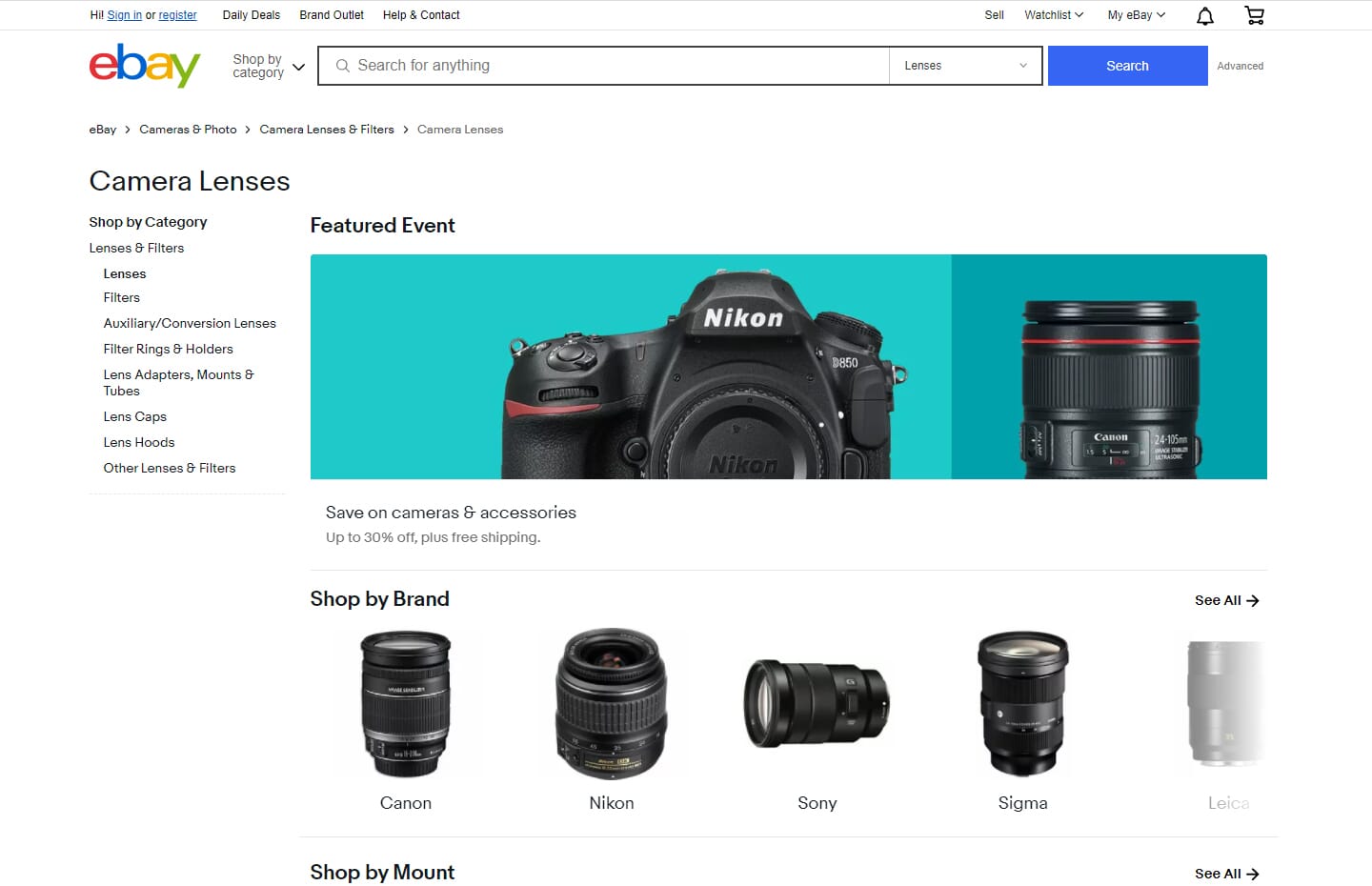 eBay used camera lens search page