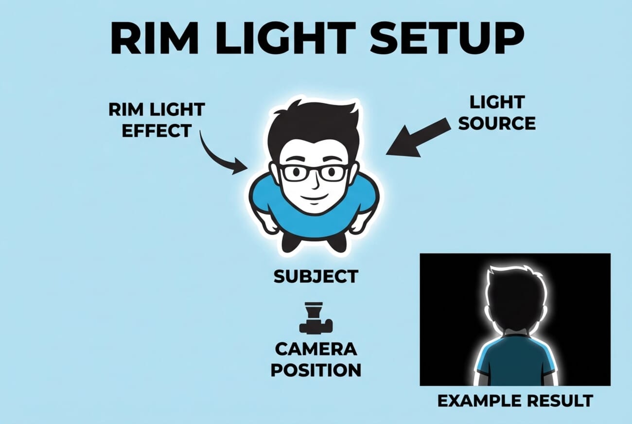Rim light photography setup diagram showing light source behind subject creating edge glow effect