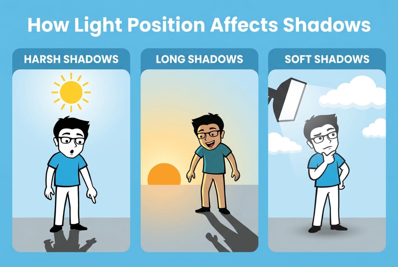 Infographic showing how light position affects shadows - harsh shadows from overhead sun, long shadows from low angle, soft shadows from diffused light