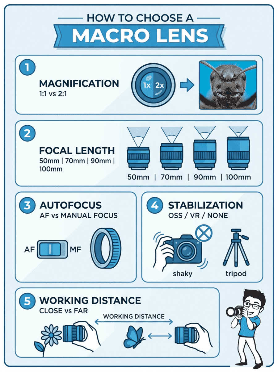 Infographic explaining 5 key factors for choosing a macro lens: magnification, focal length, autofocus, stabilization, and working distance
