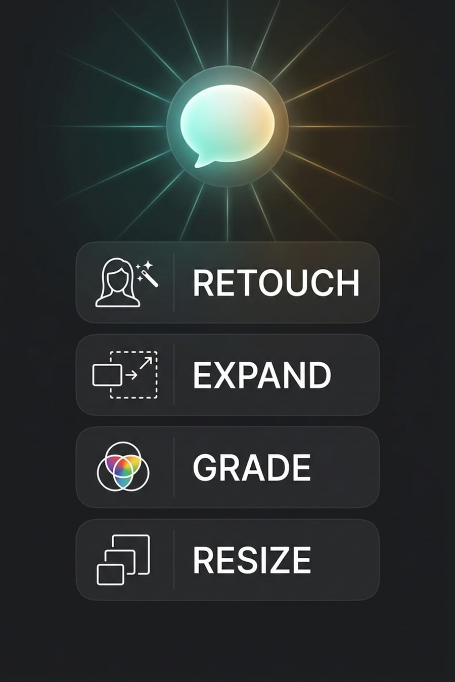 Vertical pin: glowing chat bubble at top with light beams, four stacked cards below labelled RETOUCH, EXPAND, GRADE, RESIZE — the four photographer workflows the Adobe + Claude connector orchestrates