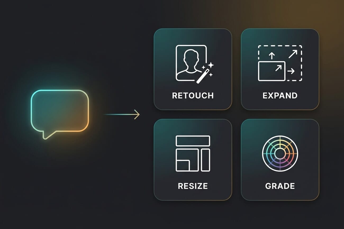 Infographic showing the four core photographer workflows the Adobe + Claude connector orchestrates: Retouch, Expand, Grade, Resize — all driven from a single chat prompt