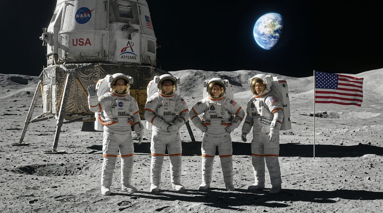 AI-generated example of astronauts on the lunar surface, for demonstration purposes